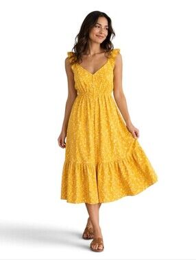 BB Dakota Steve Madden Yellow Floral Midi Dress Small Smocked Ruffle Sundress